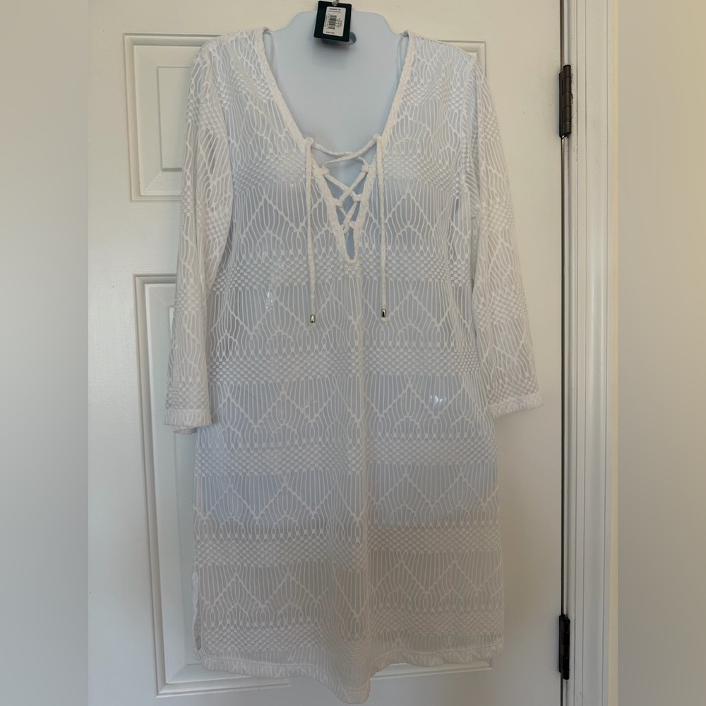 NWT Portocruz White Lace Swim Cover Up Tunic Dress Lace-Up Beach Size M